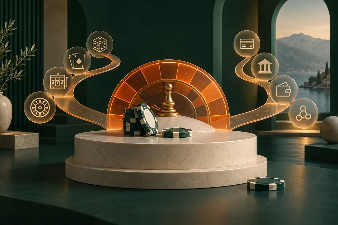 Narandžasti prsten ruleta, zeleni žetoni i simboli igara i plaćanja — redakcijska ilustracija